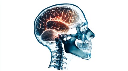 An illustration depicting the anatomy of the human brain, along with the skull and spine