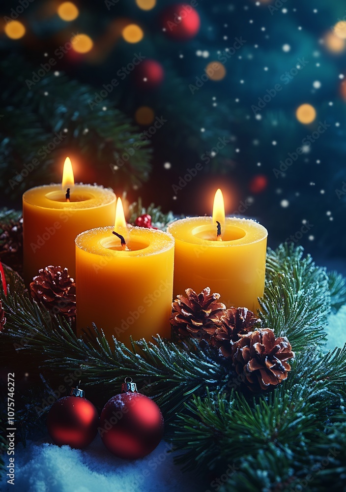 Poster bright christmas candle display with pinecones and holiday ornaments in cozy setting : generative ai