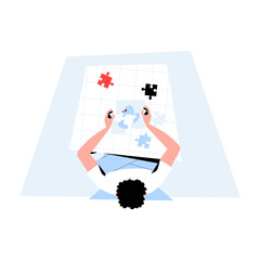 Top View Of Person Solving Jigsaw Puzzle In Flat Vector Illustration Symbolizing Problem Solving, Patience, And Mental Challenge, Isolated On White Background
