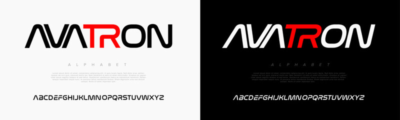 Avatron creative modern geometric urban alphabet font. Digital abstract futuristic, game, techno, robot, music, logo, sport, minimal technology typography. Simple numeric vector illustration