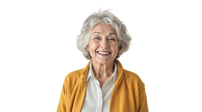middle aged woman smiling isolated on white background