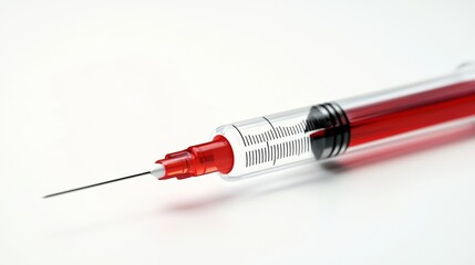 Fototapeta premium A syringe filled with a striking red liquid intended for medical or research applications