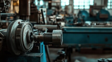 Fototapeta premium Close-up of industrial machinery with gears, tools, and mechanical components in a factory