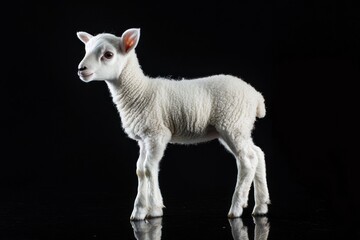 Obraz premium the beside view baby Dall Sheep standing, left side view, low angle, white copy space on right, Isolated on black Background