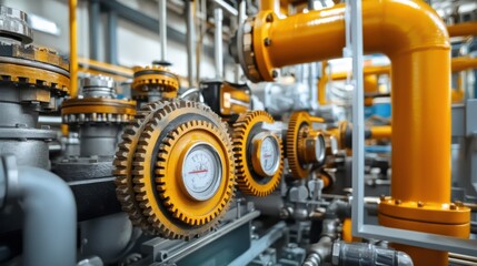 Fototapeta premium Factory equipment close-up with gears, pipes, and tools in an industrial setting, isolated on white