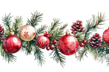 Festive watercolor garland featuring red and green Christmas ornaments intertwined with pine branches, perfect for holiday-themed designs on a transparent background..