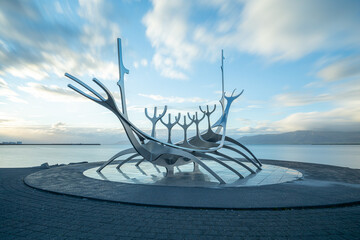 Sculpture in Iceland at sunset
