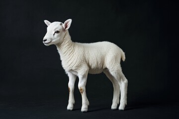Obraz premium the beside view baby Dall Sheep standing, left side view, low angle, white copy space on right, Isolated on black Background