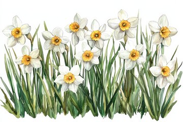 Fototapeta premium Delicate watercolor illustration of narcissus flowers with white and yellow petals surrounded by green grass, perfect for spring-themed designs on a transparent background..