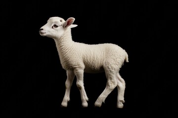 Obraz premium the beside view baby Dall Sheep standing, left side view, low angle, white copy space on right, Isolated on black Background