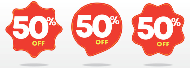 Tag, sticker, red balloon. 50% discount, price. Business, social media, sign. Sales poster, percentage value, special offer. Vector, icon