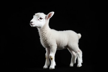 Obraz premium the beside view baby Dall Sheep standing, left side view, low angle, white copy space on right, Isolated on black Background