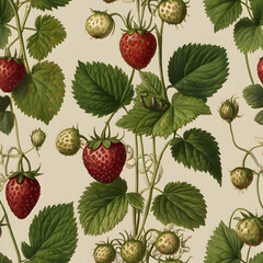 A vintage botanical print featuring wild strawberries growing on delicate vines, framed by vibrant green leaves. The background is a light, warm beige.