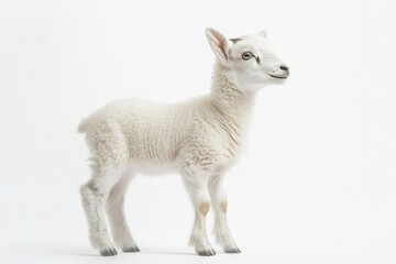 Obraz premium the beside view baby Dall Sheep standing, left side view, low angle, white copy space on right, Isolated on White Background