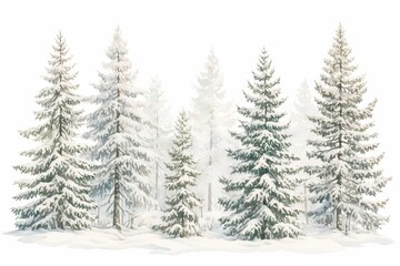 Obraz premium Watercolor illustration of pine trees in varying sizes covered in snow, creating a cold and frosty winter atmosphere, ideal for seasonal designs on a transparent background..