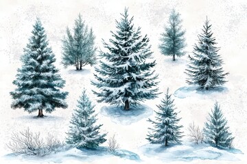 Fototapeta premium Watercolor illustration of pine trees in varying sizes covered in snow, creating a cold and frosty winter atmosphere, ideal for seasonal designs on a transparent background..