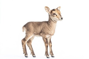 Fototapeta premium the beside view baby Bighorn Sheep standing, left side view, low angle, white copy space on right, Isolated on White Background