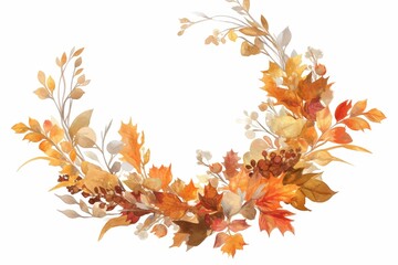 Fototapeta premium Rustic and natural watercolor-style wreath featuring autumn leaves in shades of orange, yellow, and red, perfect for fall-themed designs on a transparent background..