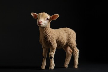 Naklejka premium the beside view baby Domestic Sheep standing, left side view, low angle, white copy space on right, Isolated on black Background