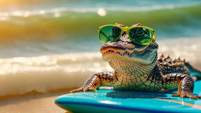 A cute alligator surfer enjoys a fun-filled summer day at the beach, riding waves with enthusiasm, Ai Generated.