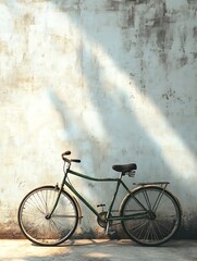 Obraz premium Vintage Green Bicycle Leaning Against Rustic Wall in Sunlit Ambiance : Generative AI