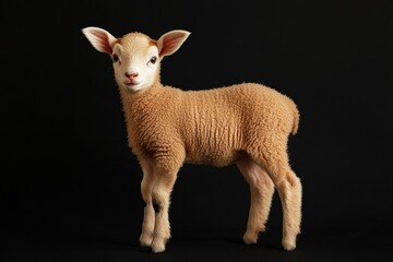 Fototapeta premium the beside view baby Domestic Sheep standing, left side view, low angle, white copy space on right, Isolated on black Background