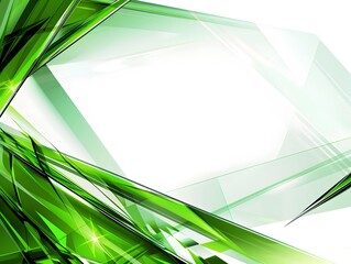 A vibrant green abstract design featuring sharp angles and transparent layers.