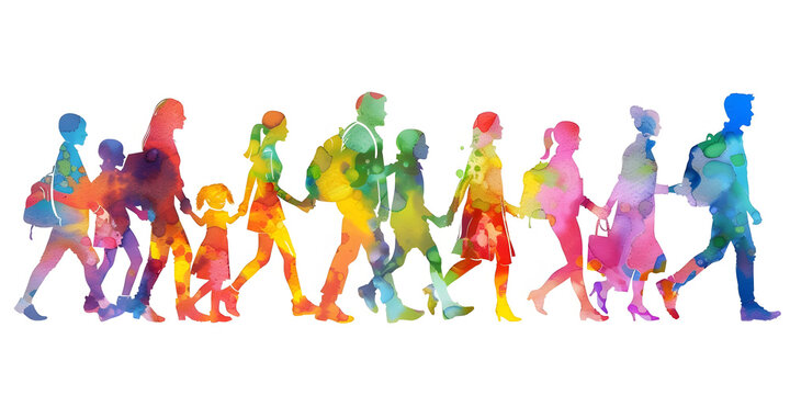 Modern family life walking together - artistic watercolour painting of a group of men, women and children walking in one direction on a white background 
