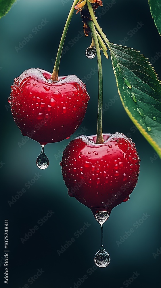 Poster closeup of two fresh red cherries with water droplets on green background : generative ai
