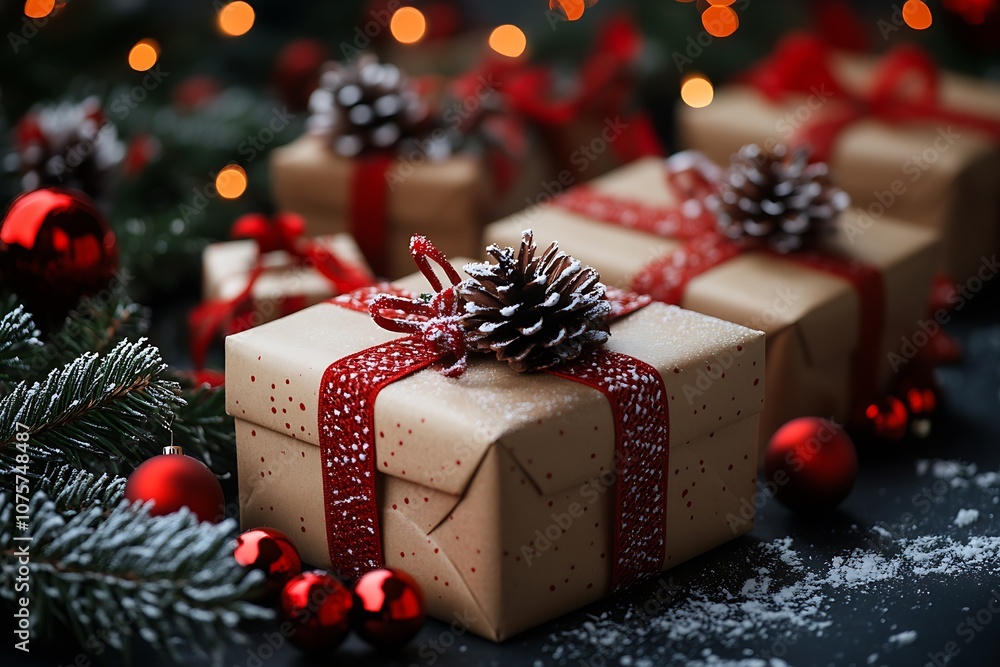 Poster rustic christmas gift boxes with pinecones and red ribbons in snowy setting : generative ai