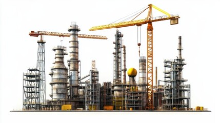 Heavy industry background with construction machinery, cranes, and factory structures, isolated on white