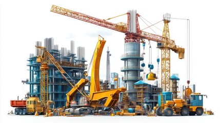 Heavy industry setting with large steel structures, cranes, and construction equipment, isolated on white