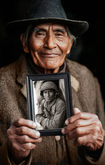 Smiling senior Native American Indian holding a photo of a WWII soldier