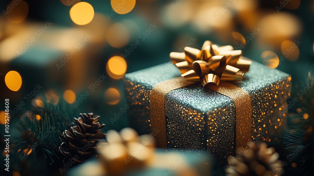 Poster elegant christmas gift box with golden ribbon and glowing lights bokeh effect : generative ai