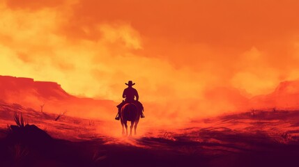 A lone cowboy rides a horse through a dusty desert landscape, silhouetted against a fiery orange sunset.