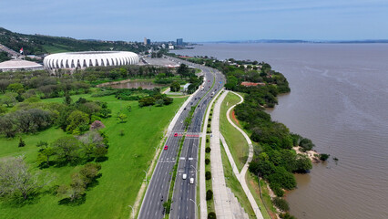 Edge Of Guaiba At Porto Alegre In Rio Grande Do Sul Brazil. Downtown District. Public Idyllic Area. Beautiful Riverside. Edge Of Guaiba At Porto Alegre In Rio Grande Do Sul Brazil. 