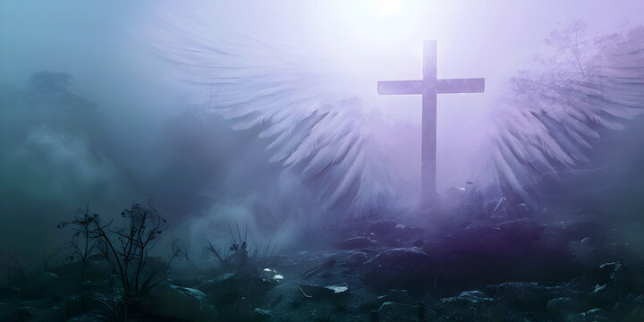 Angel Wings and symbolic cross - misty blue and purple cloud background with white light above a thin cross surrounded by angelic wings with copy space for spiritual  religious message 
