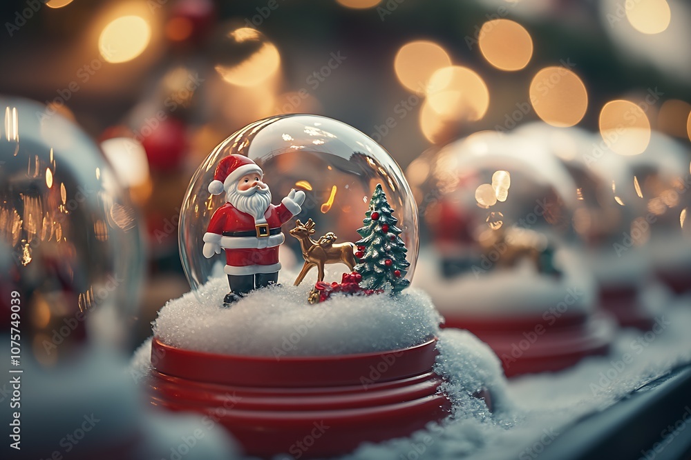 Poster festive christmas snow globe with santa claus and reindeer on glittering bokeh background : generati