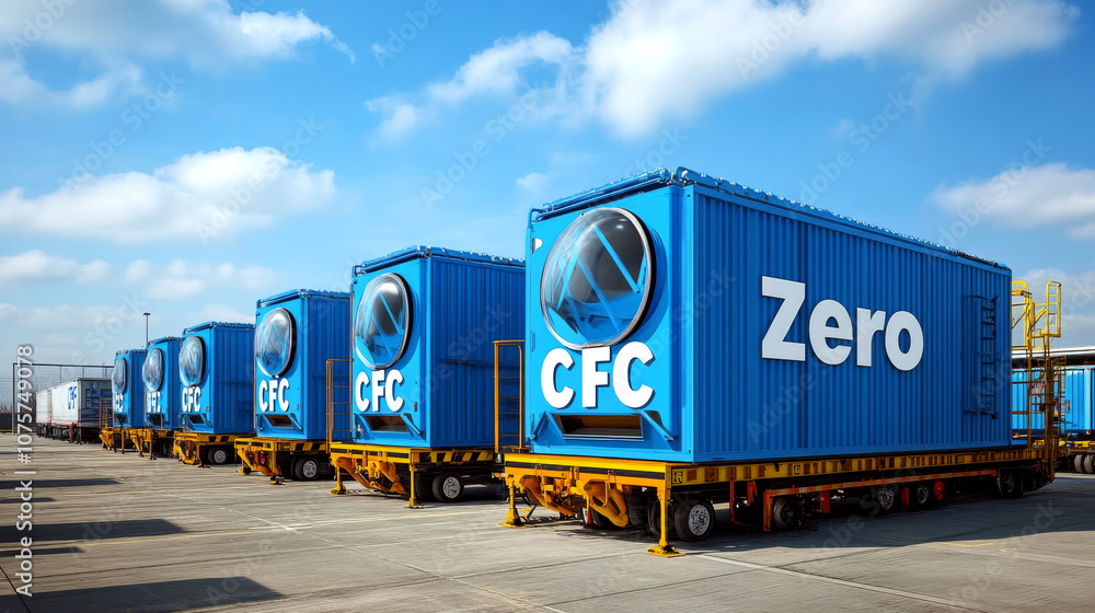 Poster blue shipping containers on trailers in an industrial area with 