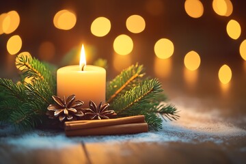 Cozy Candle on Wooden Surface with Greenery Cinnamon Sticks and Fairy Lights for Festive Ambiance : Generative AI
