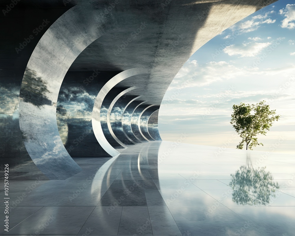 Poster modern architectural space with reflective surfaces and tree