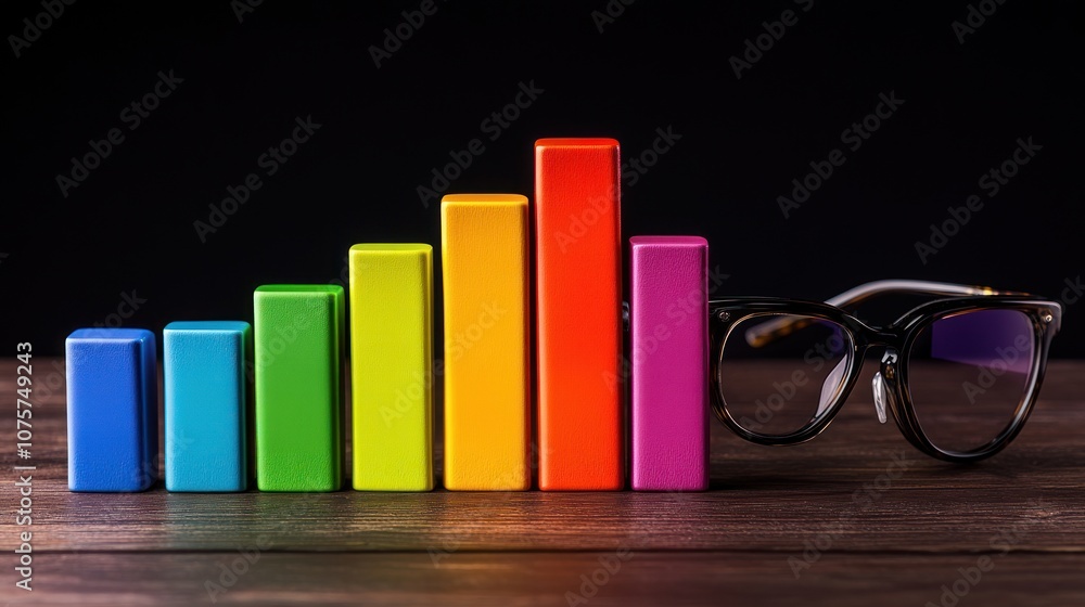 Poster colorful blocks arranged in a bar graph with glasses on a wooden surface.