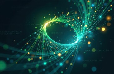 Abstract green and yellow ring on a dark background. Concept of energy flow, technology, and futuristic design. Design for backgrounds, banners, and digital visualizations