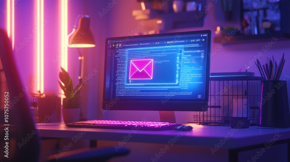 Poster a modern workspace featuring a computer displaying a digital envelope on the screen.