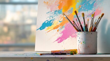 Artist workspace with colorful paint splashes and brushes in jar