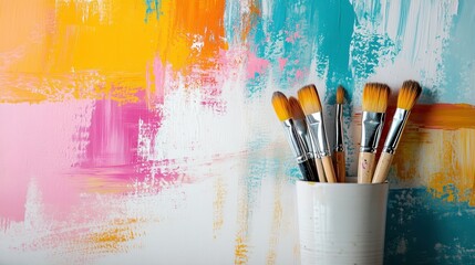 Artistic workspace with colorful paint and brushes in cup