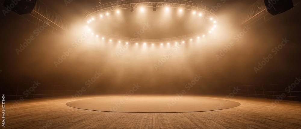 Poster a dimly lit stage with circular lighting, creating an atmospheric performance space.