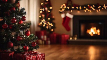 Charmingly Decorated Christmas Room with Glowing Fireplace and Lush Tree Enhances Festive Mood :...