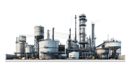Obraz premium Industrial landscape with chemical plants, storage tanks, and power lines, isolated on white