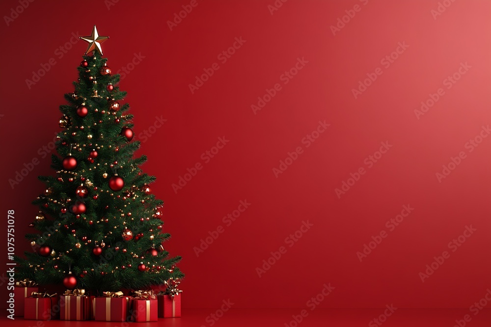 Poster classic christmas tree adorned with shimmering red and gold ornaments on red festive background : ge